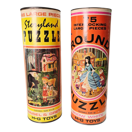 Vintage H-G Toys Tin Puzzle Cannisters EMPTY, Snow White and Hansel & Gretel