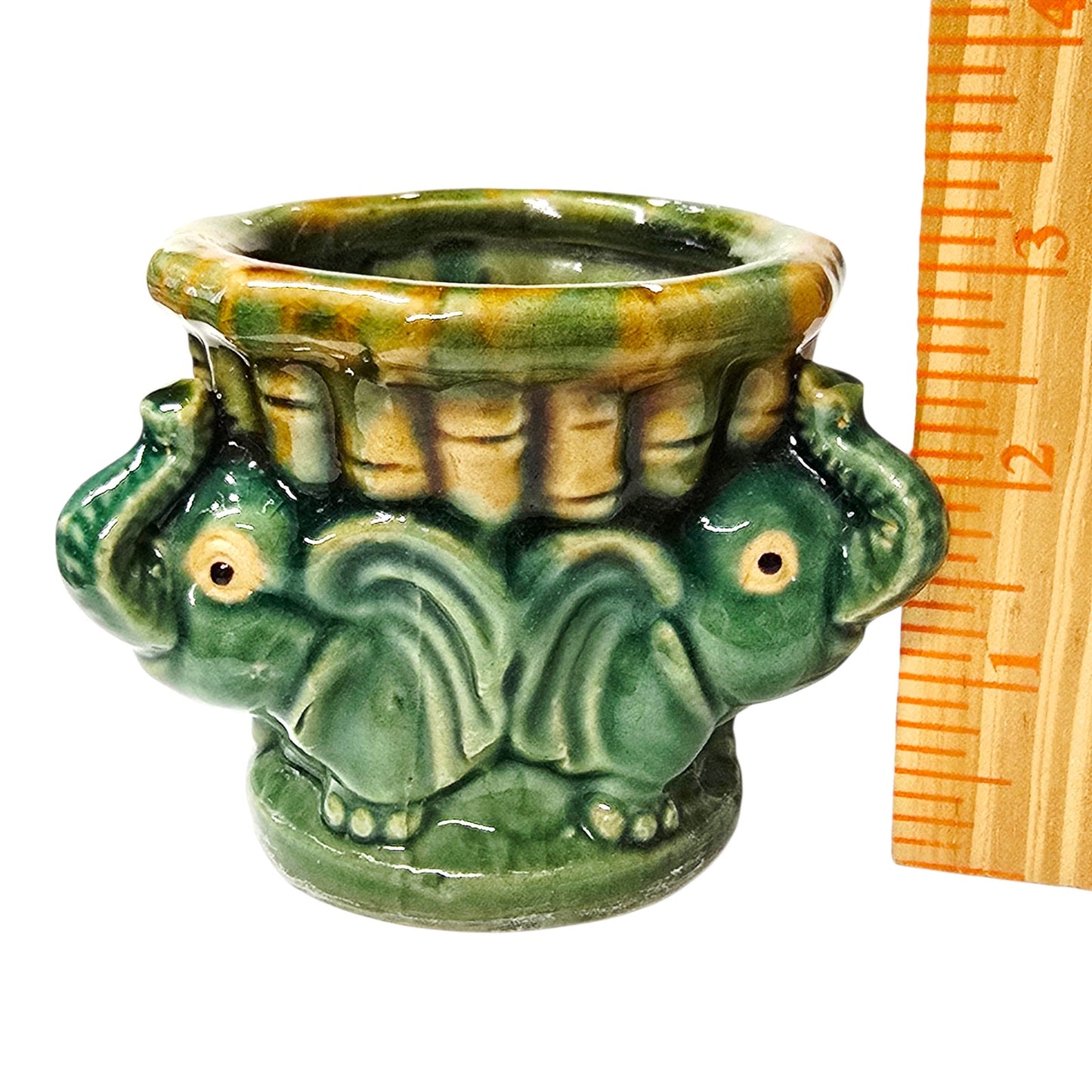 Vintage Majolica Style Elephant Planter Green Drip Glaze Ceramic Lucky Elephants