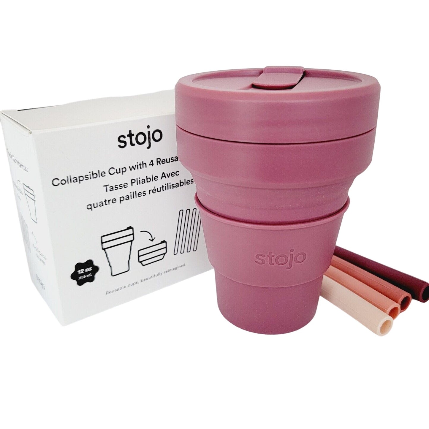 Collapsible Travel Cup Plum for Hot and Cold with 4 Reusable Straws