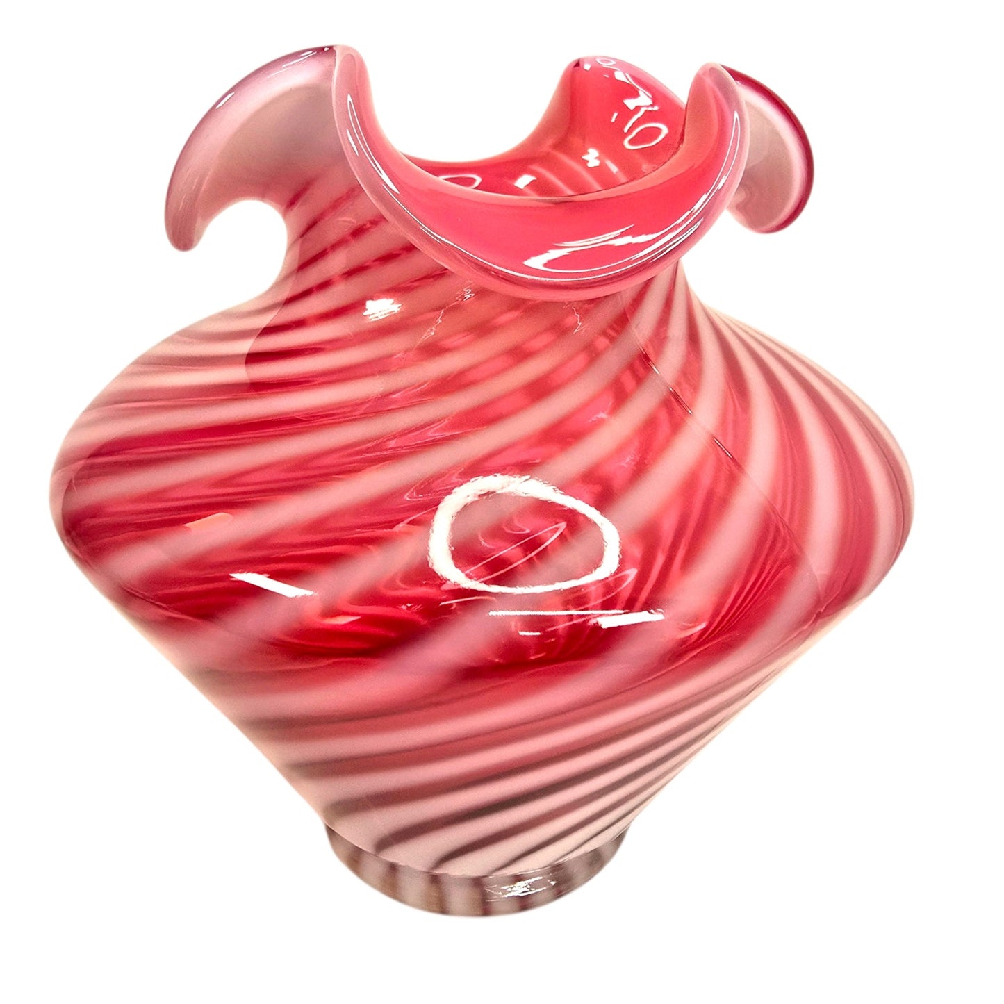 Fenton Cranberry Opalescent Swirl Glass Vase Ruffled Rim Vintage Pink