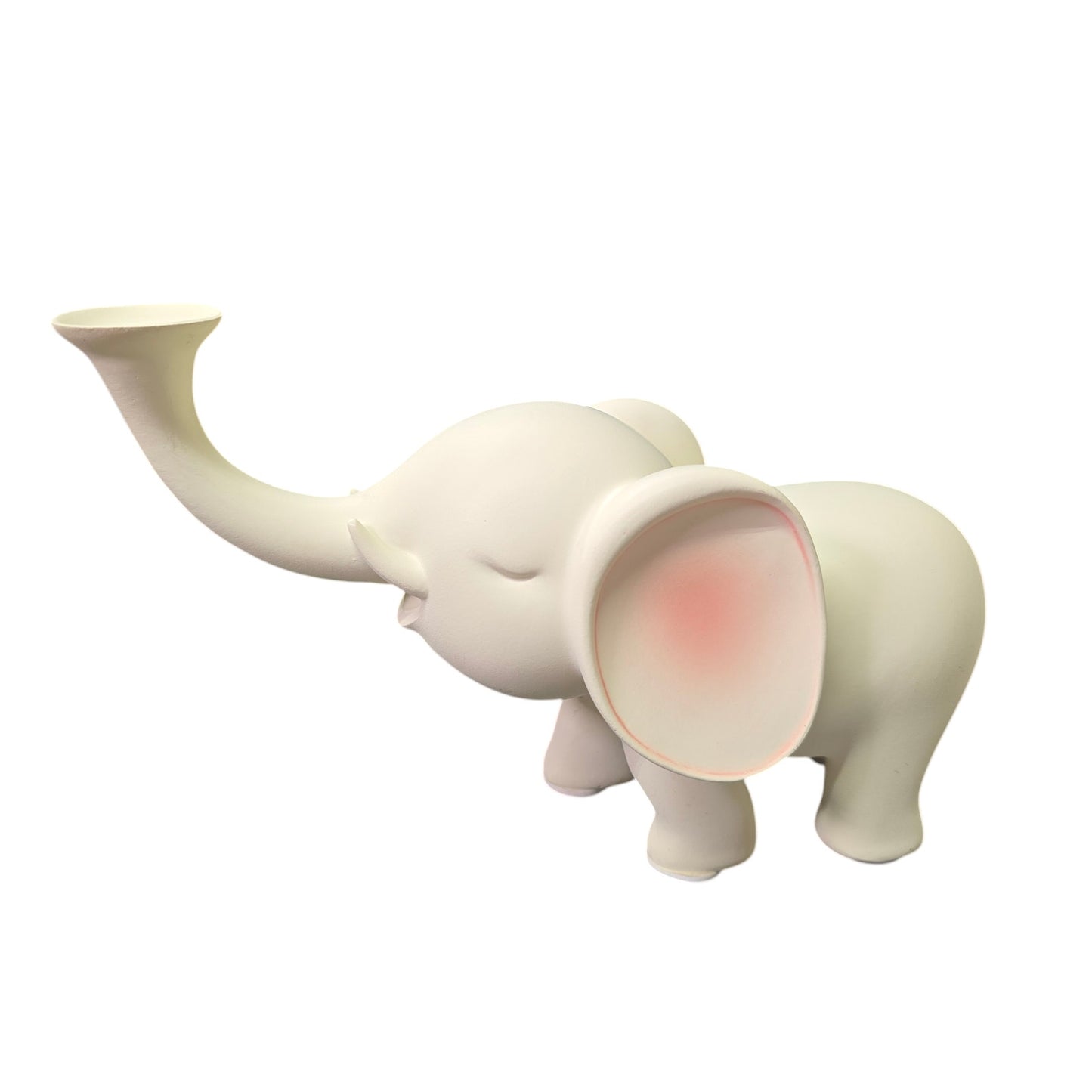 Smooth Satin Ceramic Elephant Figurine, Trunk Up  White and Pink Elephant