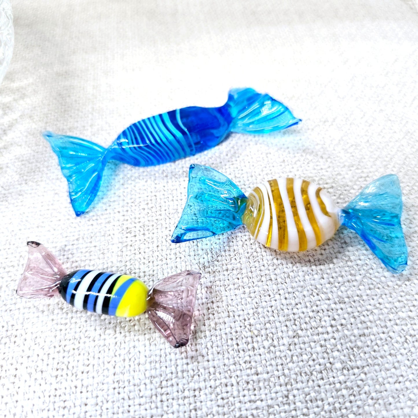 Handblown Art Glass Candies in Vintage Dish, Set of 3 Candies