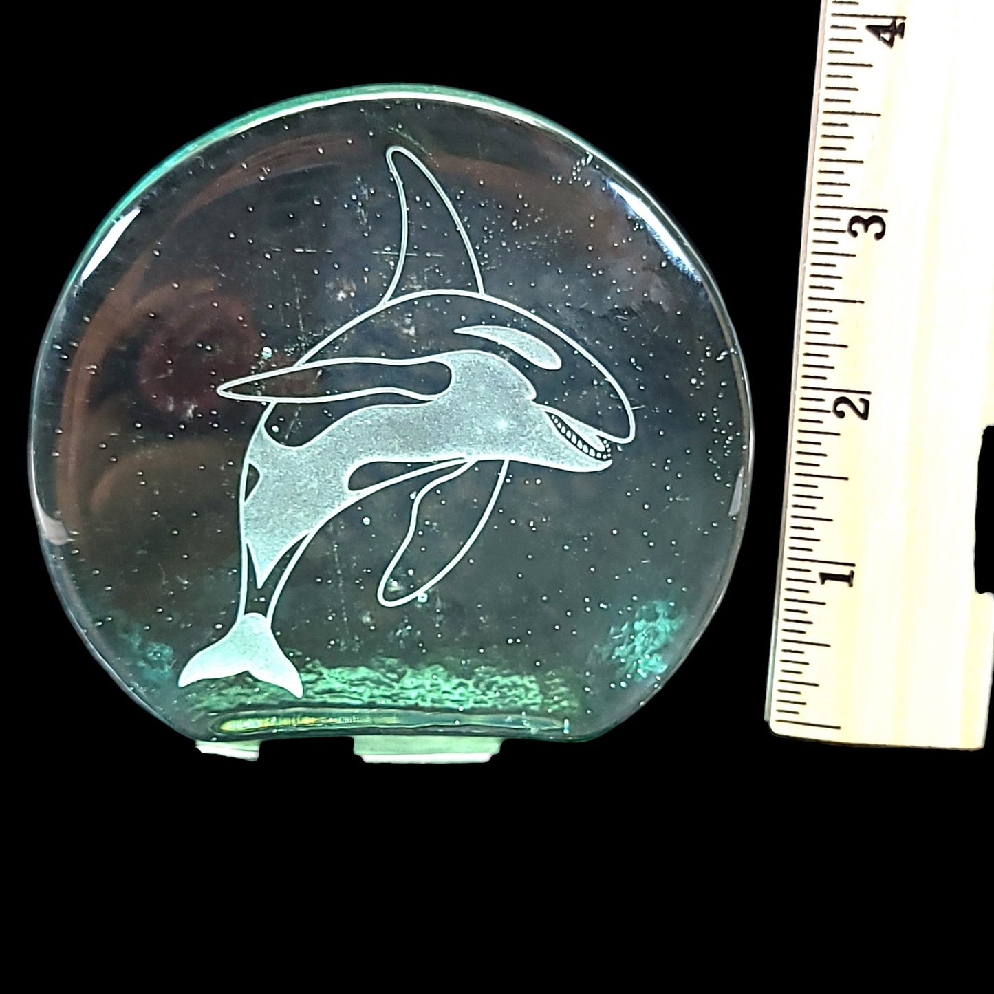 Etched Glass Orca Whale / Killer What Paperweight Figurine, Recycled Glass Whale