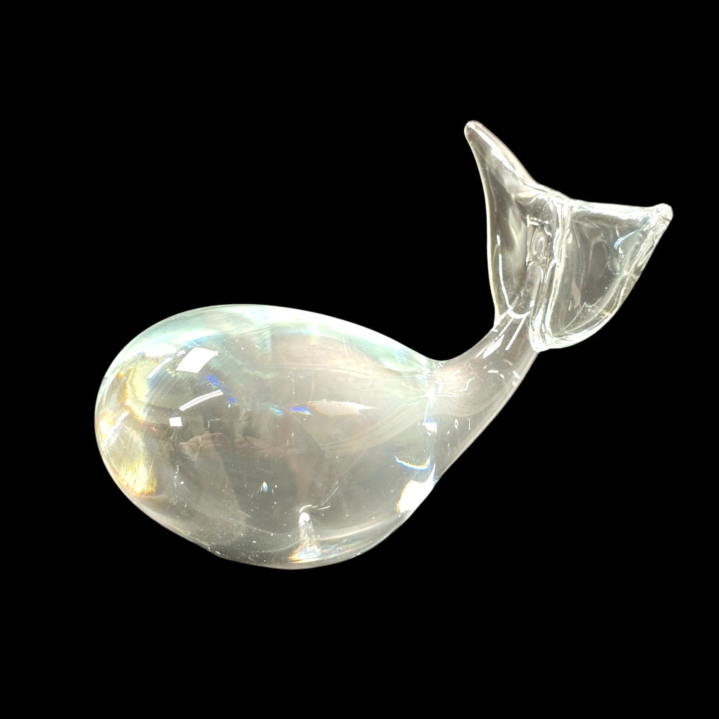 Handblown Clear Art Glass Whale, Polished Bottom, UV Glow