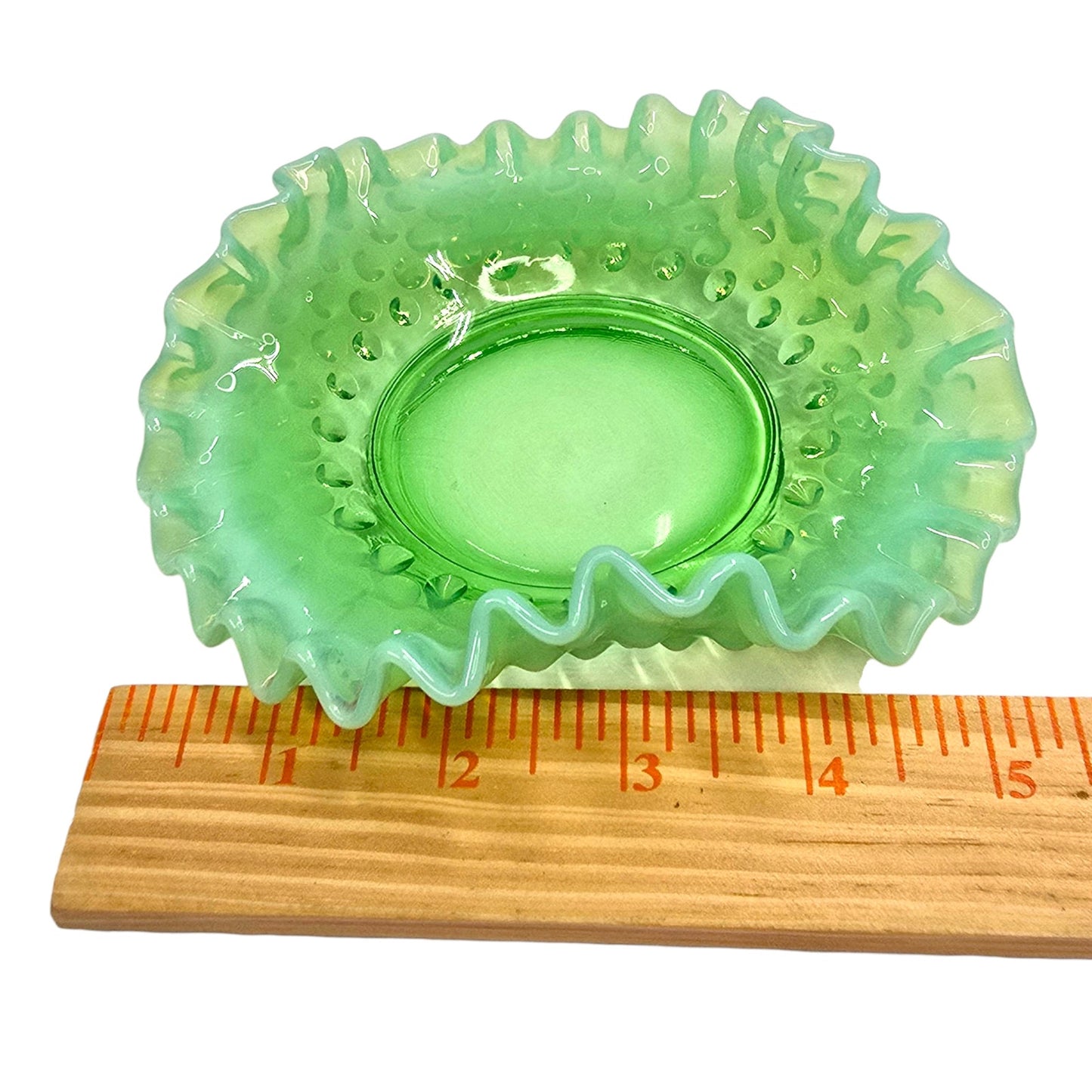 Fenton Green Opalescent Hobnail 3-Pc Set Uranium Vase Basket Dish Glows Green UV