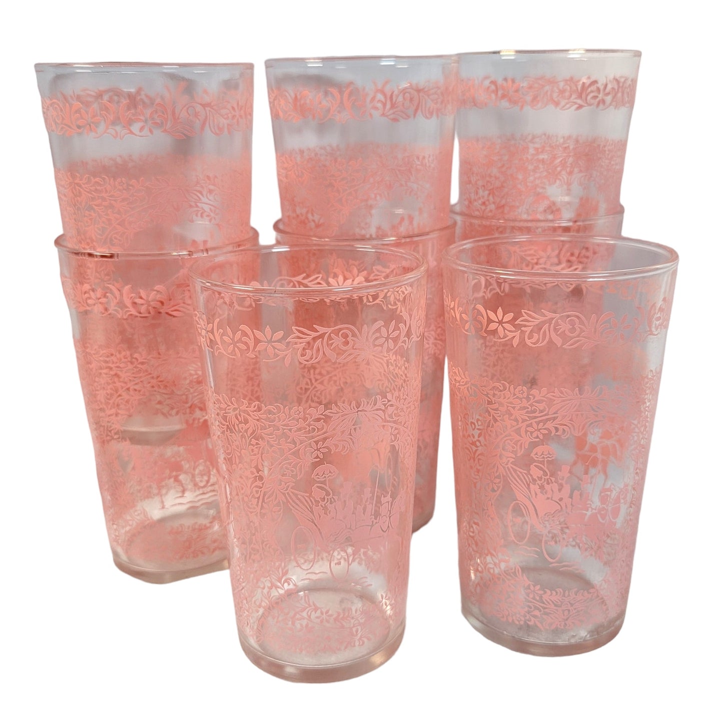 Set of 8 Hazel Atlas Monticello Pink Horse and Carriage Glass Tumblers 5"