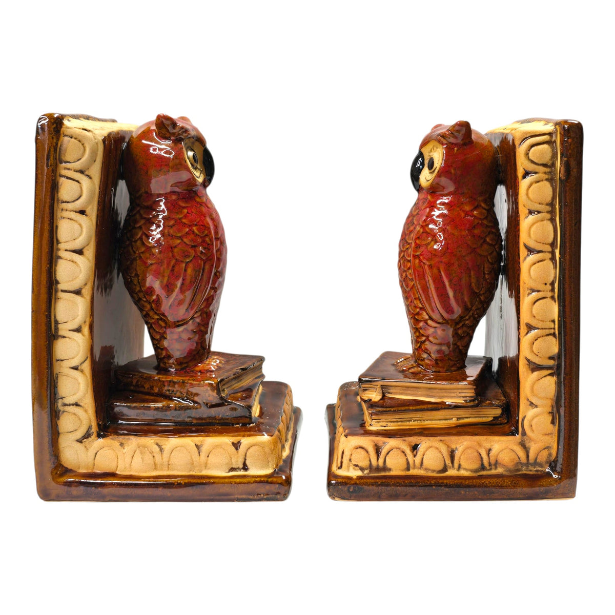 Vtg Ceramic Owl Bookends Great Horned Owl Red Glaze Owls on Books Retro Fall MCM