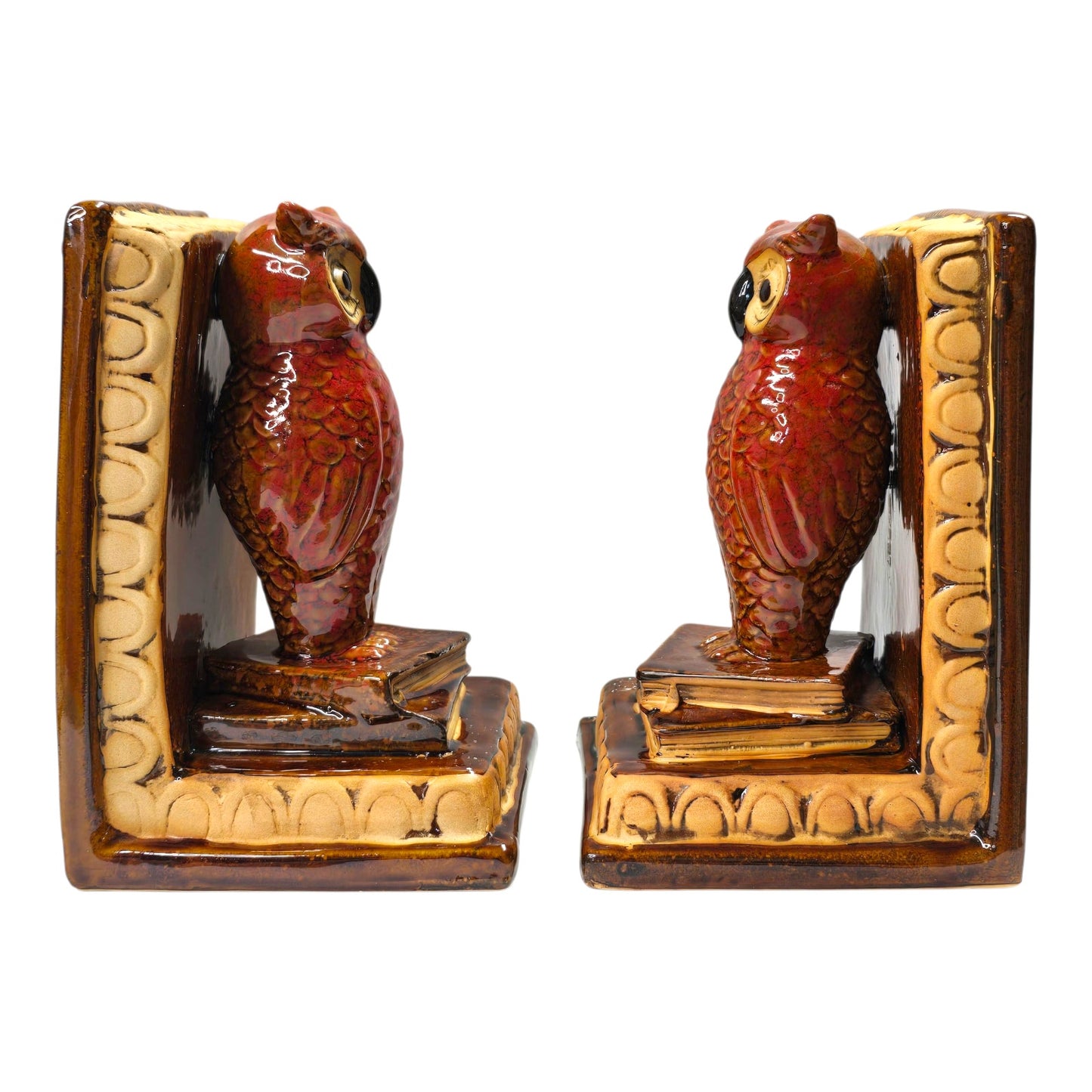 Vtg Ceramic Owl Bookends Great Horned Owl Red Glaze Owls on Books Retro Fall MCM