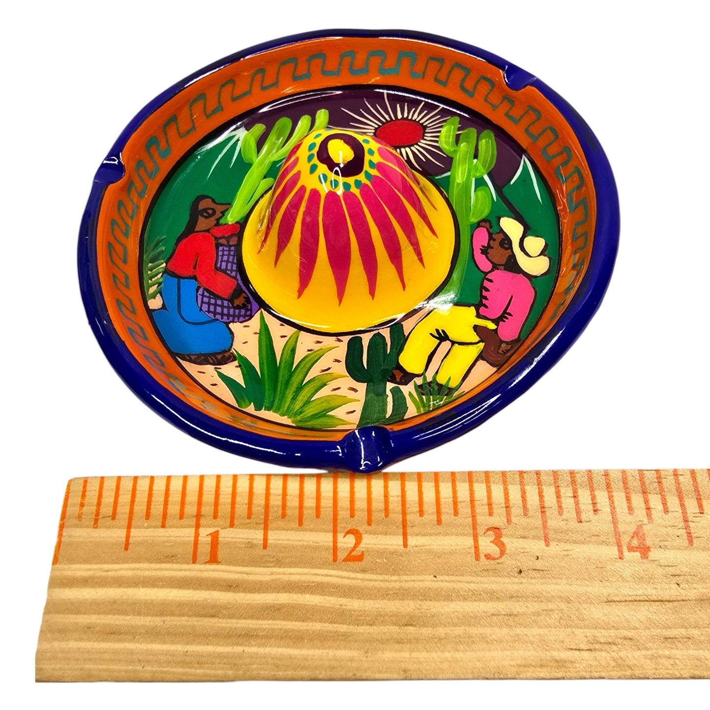 Vtg Mexican Folk Art Sombrero Ashtray Pottery Hand Painted Signed