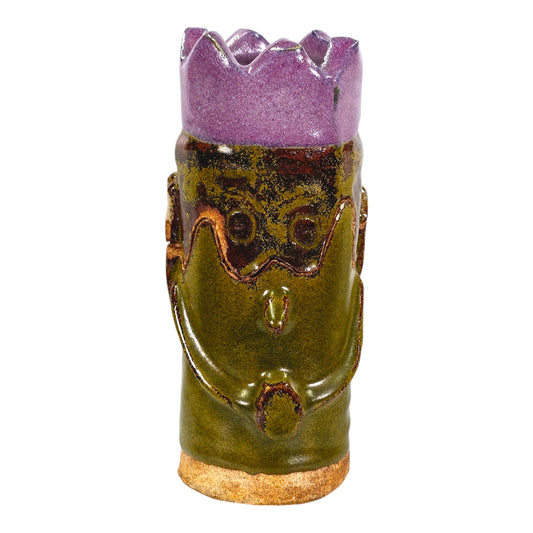 Studio Art 2 pc Heavy Pottery Odd Figure with Purple Crown, Removeable Lid and Votive Holder, 8.75" H