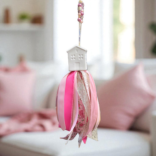 Ceramic House Tassel | Handmade Upcycled Salt Shaker Hanging Ribbon Decor