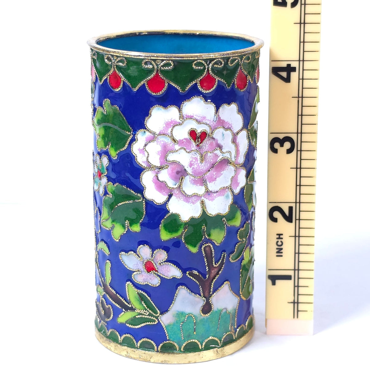 Cloisonne Enamel Pencil Brush Holder Blue Floral Butterfly Tumbler 4.25"