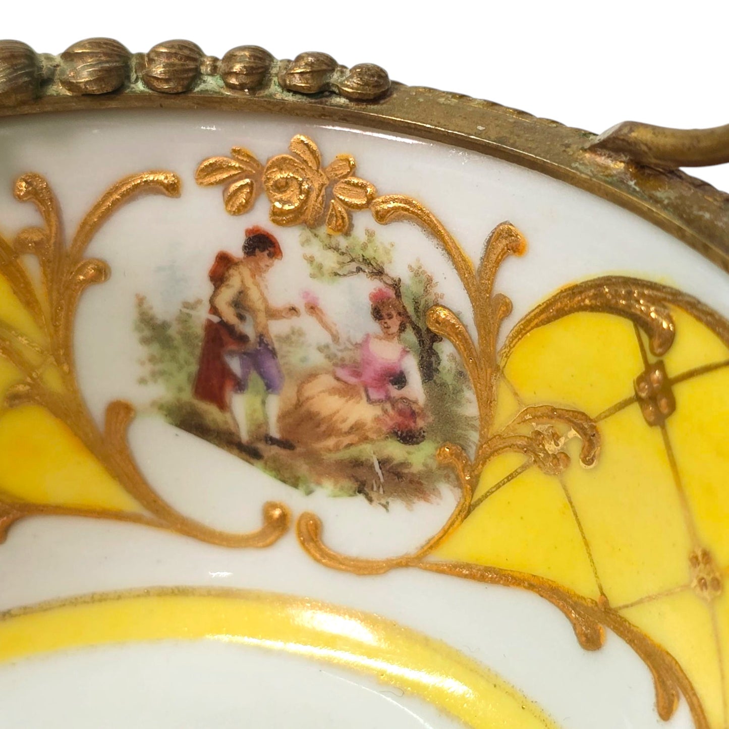 Antique Gebruder Heubach Germany Porcelain Basket with Courting Couples Flower Girl Basket