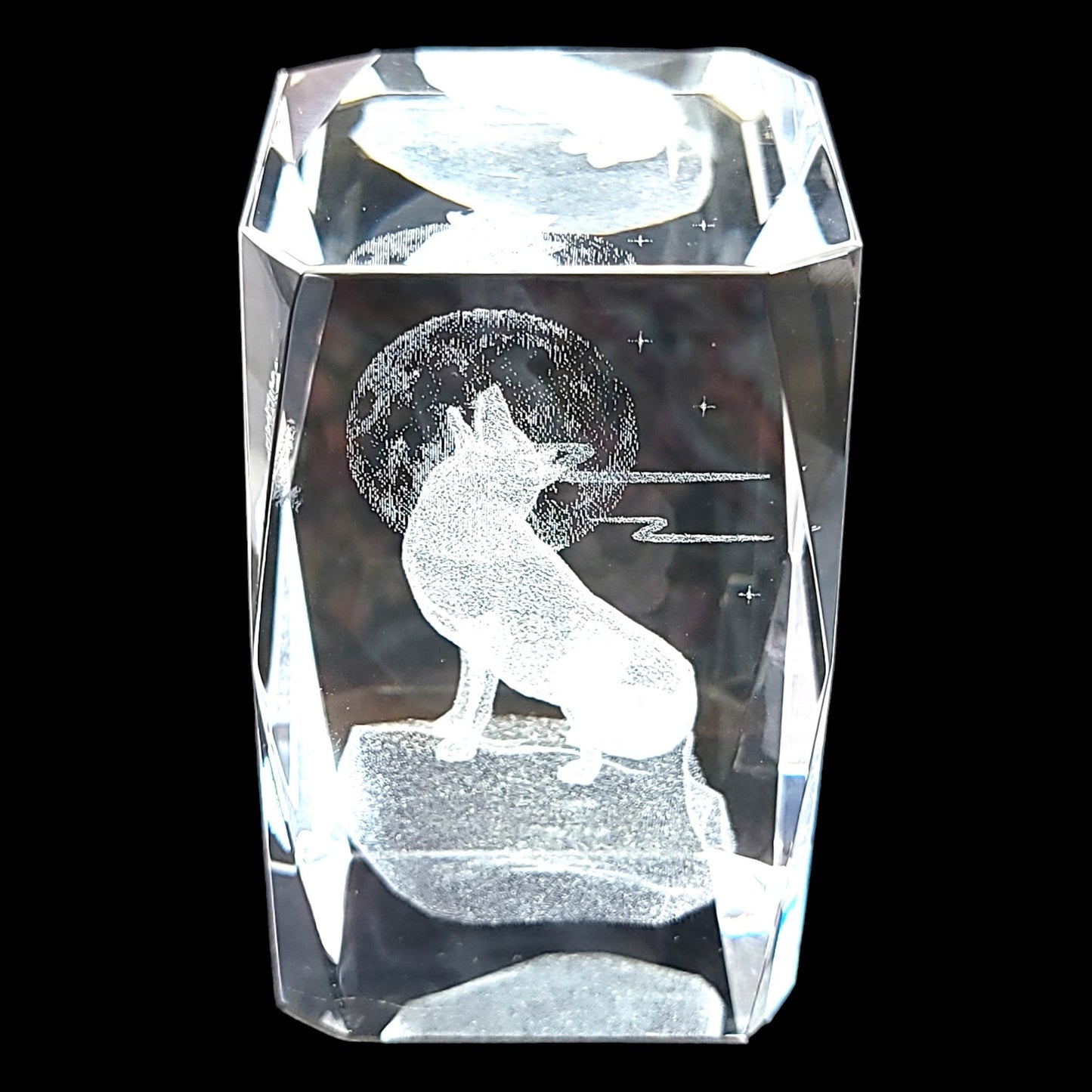 3D Laser Etched Wolf Howling at Moon Crystal Paperweight in Box 3 x 2 x 2" Original Box