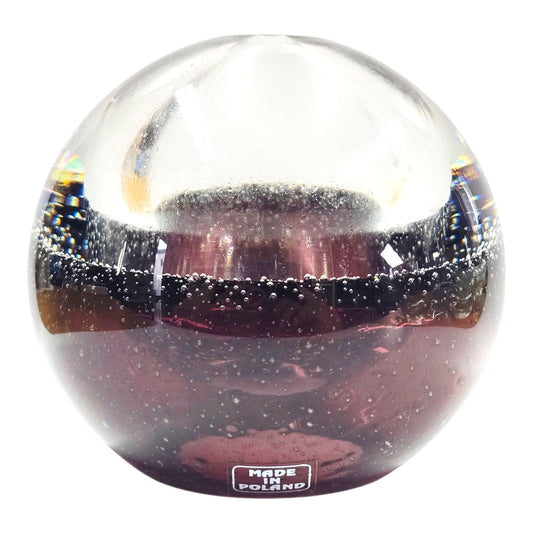 Polish Art Glass Orb Oil Lamp Paperweight Purple Glass Control Bubbles