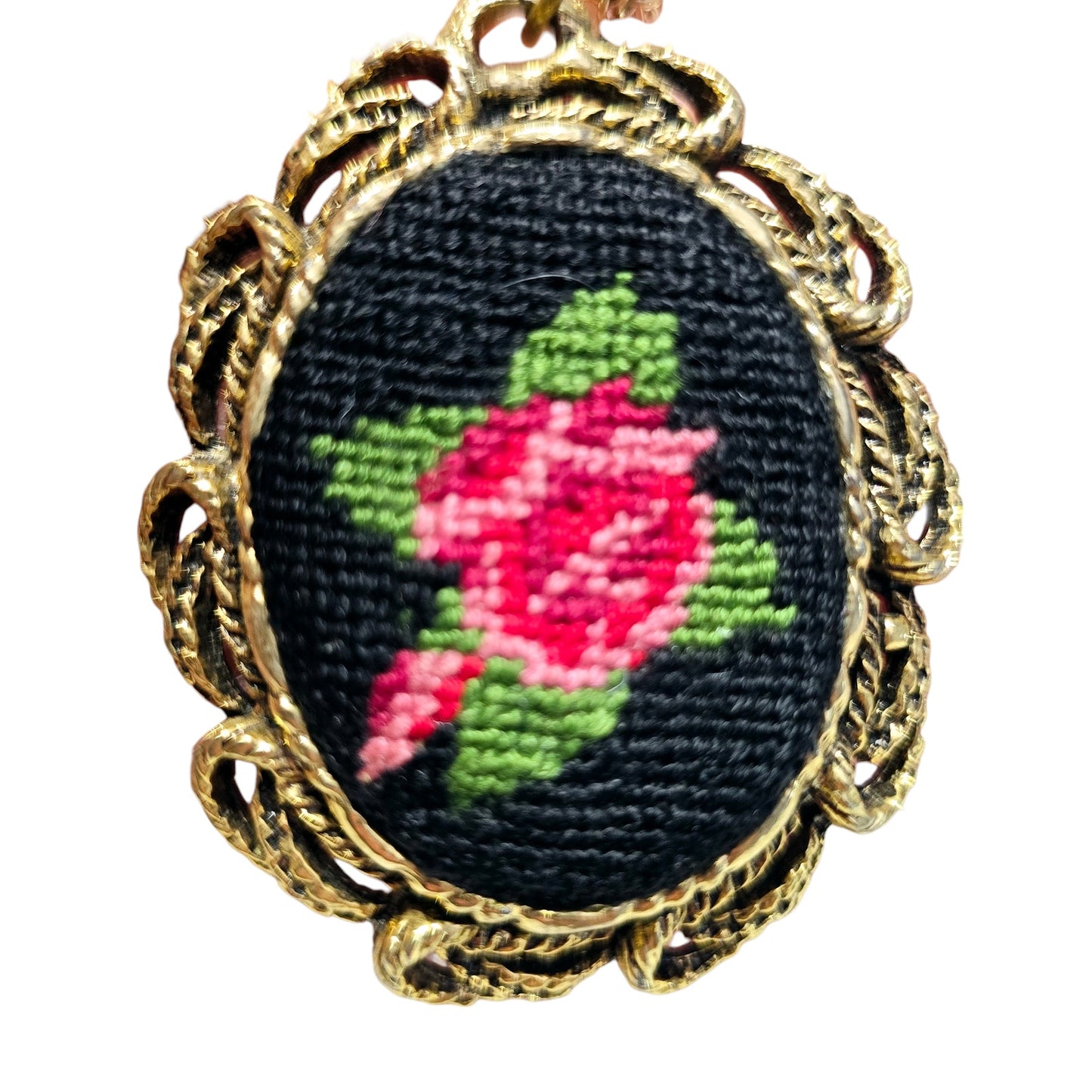 Vintage Petit Needle Point Red Rose On Black with Gold Tone Mirrored Pendant and Chain