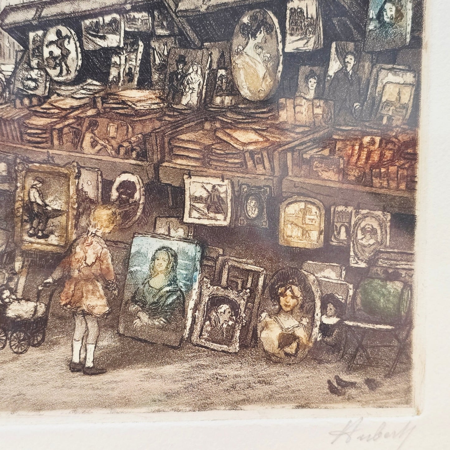 Signed Huberly Paris Scene HandColored Etching Marchands de gravures Notre Dame