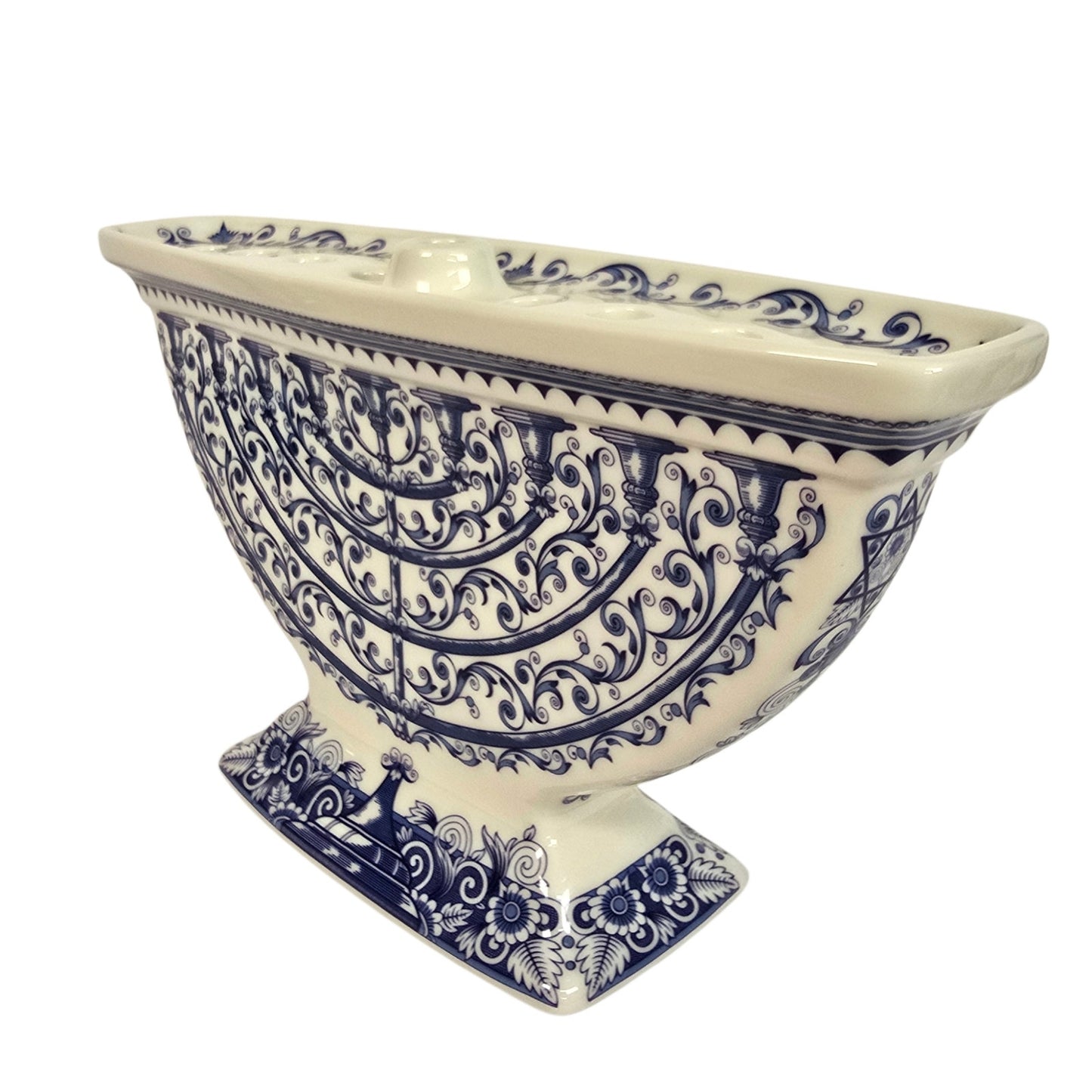 Vintage Spode The Judaica Collection Ceramic Hanukkah Menorah Blue White Scroll