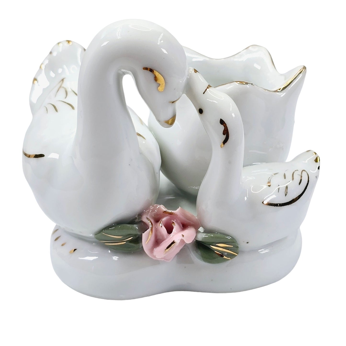 Vintage Swan and Cygnet Figurine, Toothpick Holder, White Gold Trim Pink Rose 2.75" H