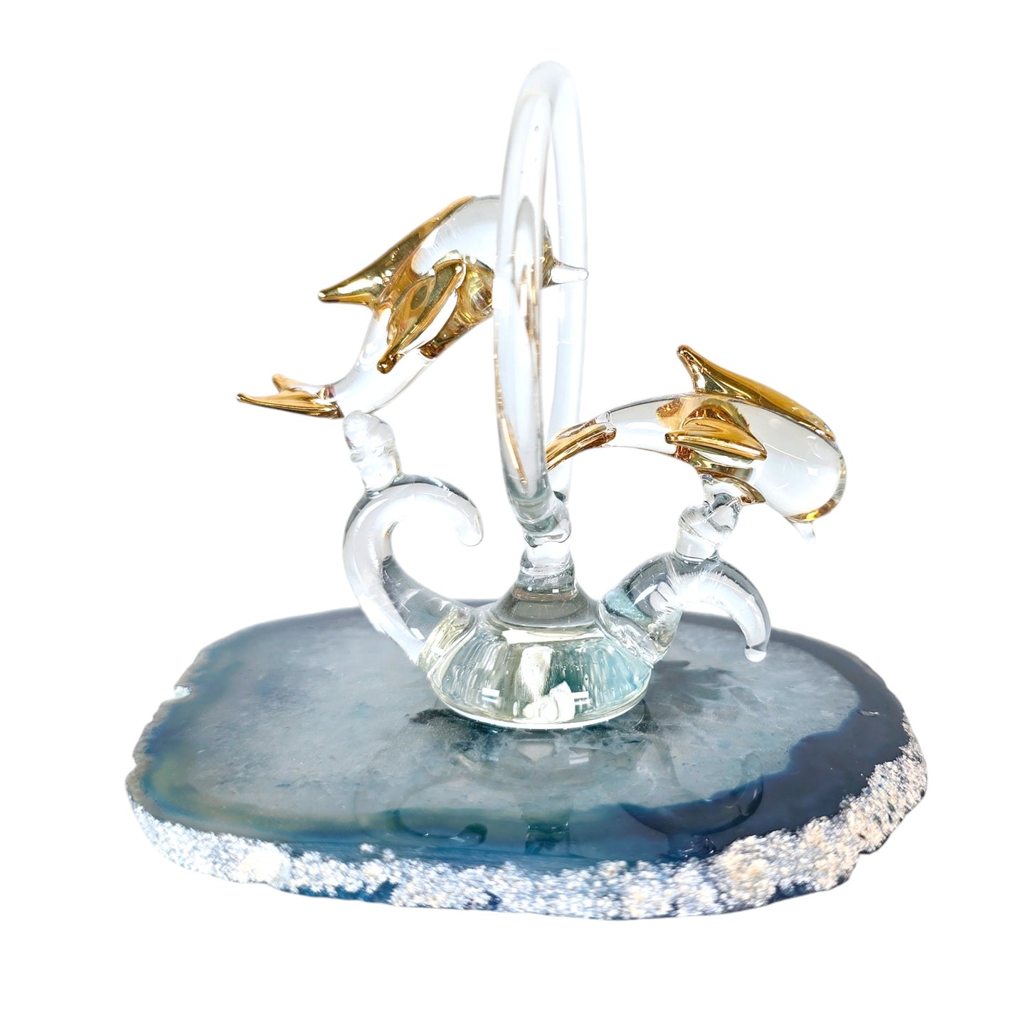 Glass Jumping Dolphins on Blue Agate Slice with Gold Detail, Spoontiques