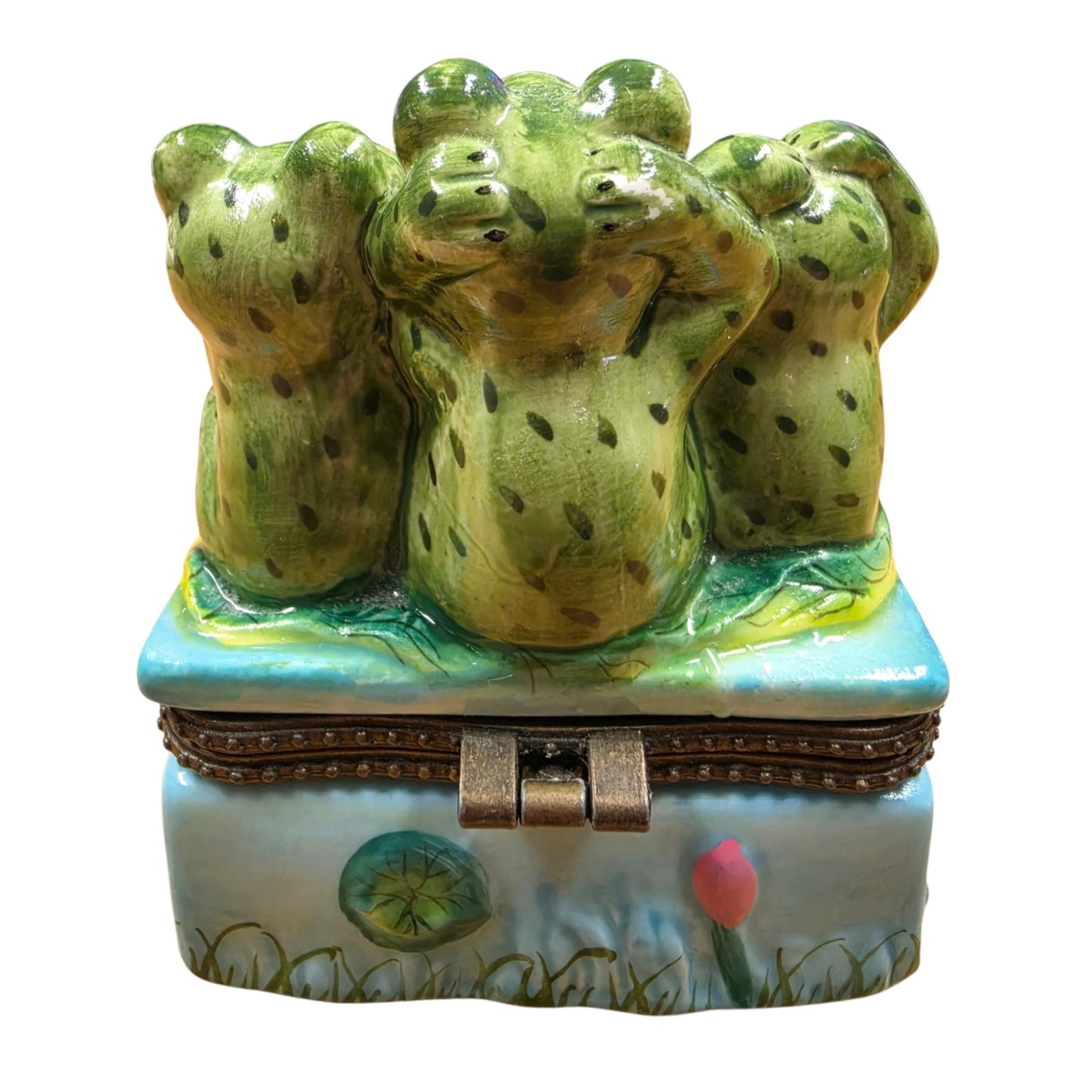 Vintage Three Wise Frogs Ceramic Hinged Trinket Box See Hear Speak No Evil