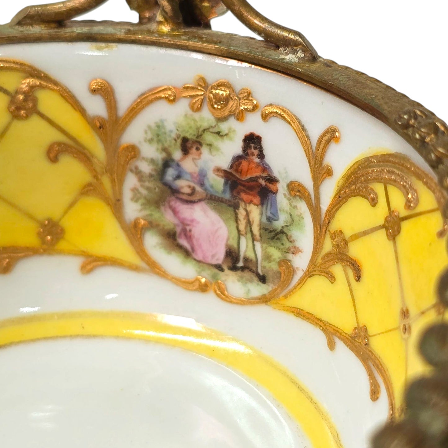 Antique Gebruder Heubach Germany Porcelain Basket with Courting Couples Flower Girl Basket