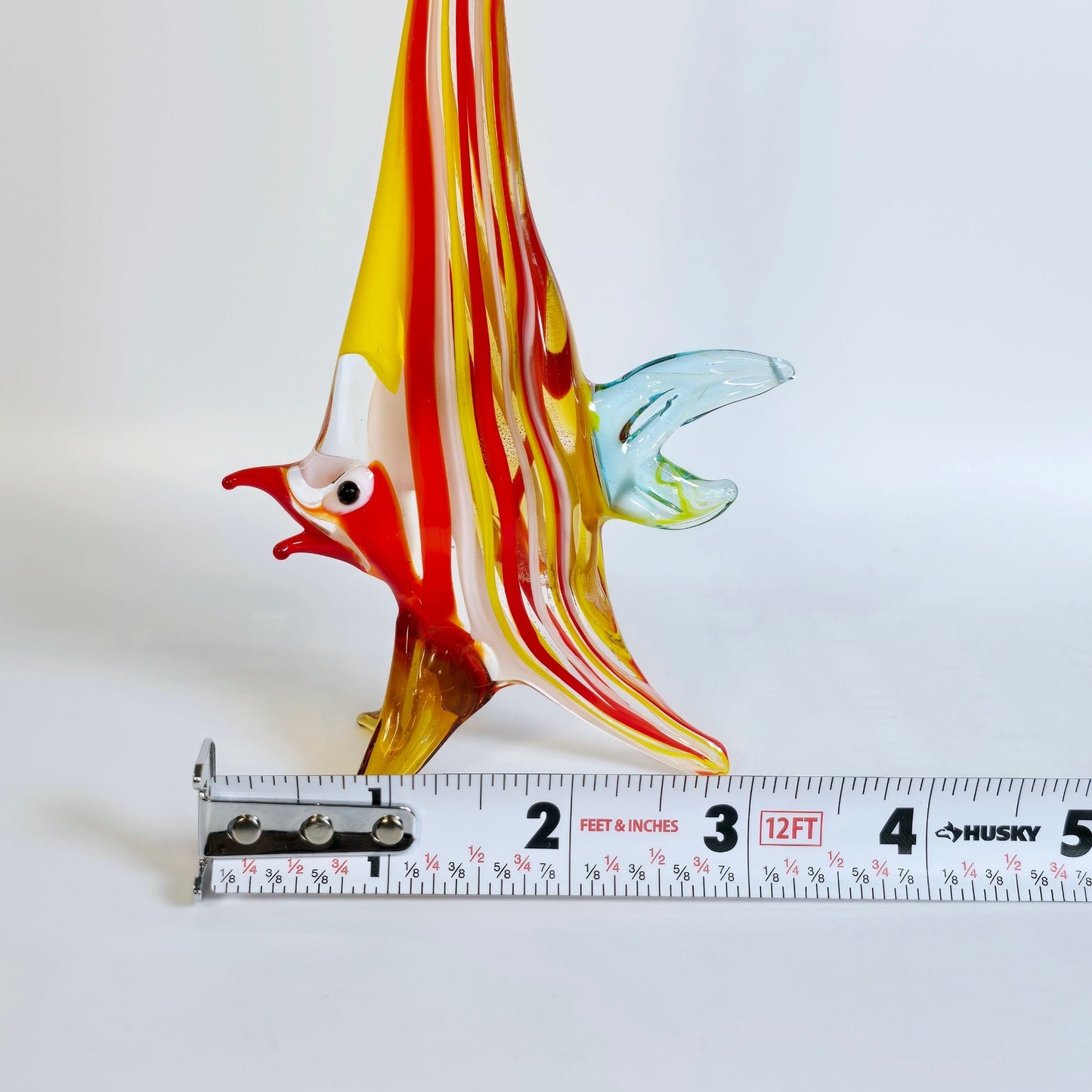 Handblown Red and Yellow Striped Art Glass Angel Fish, Stretch Glass Fish