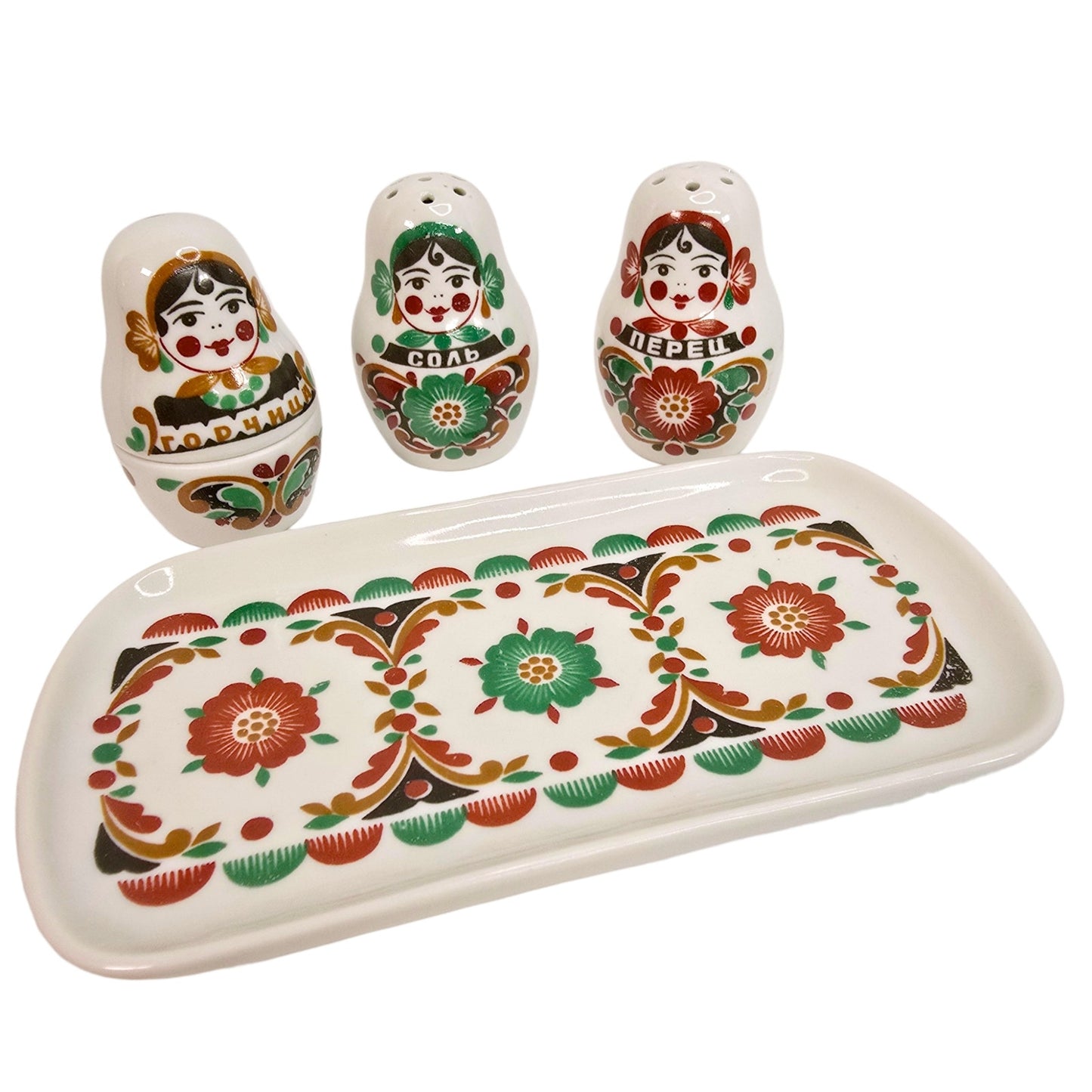 Gardner Verbilki Russian Porcelain Matryoshka Condiment Set Salt Pepper Mustard