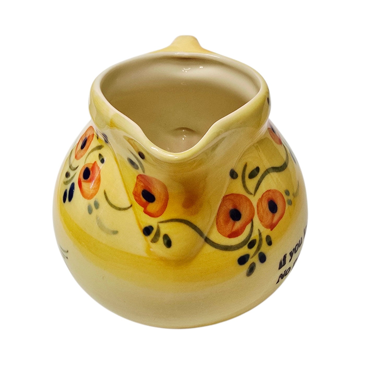 Vintage Yellow Pottery Pitcher Motto Ware Stenciled Quote Floral Small Creamer