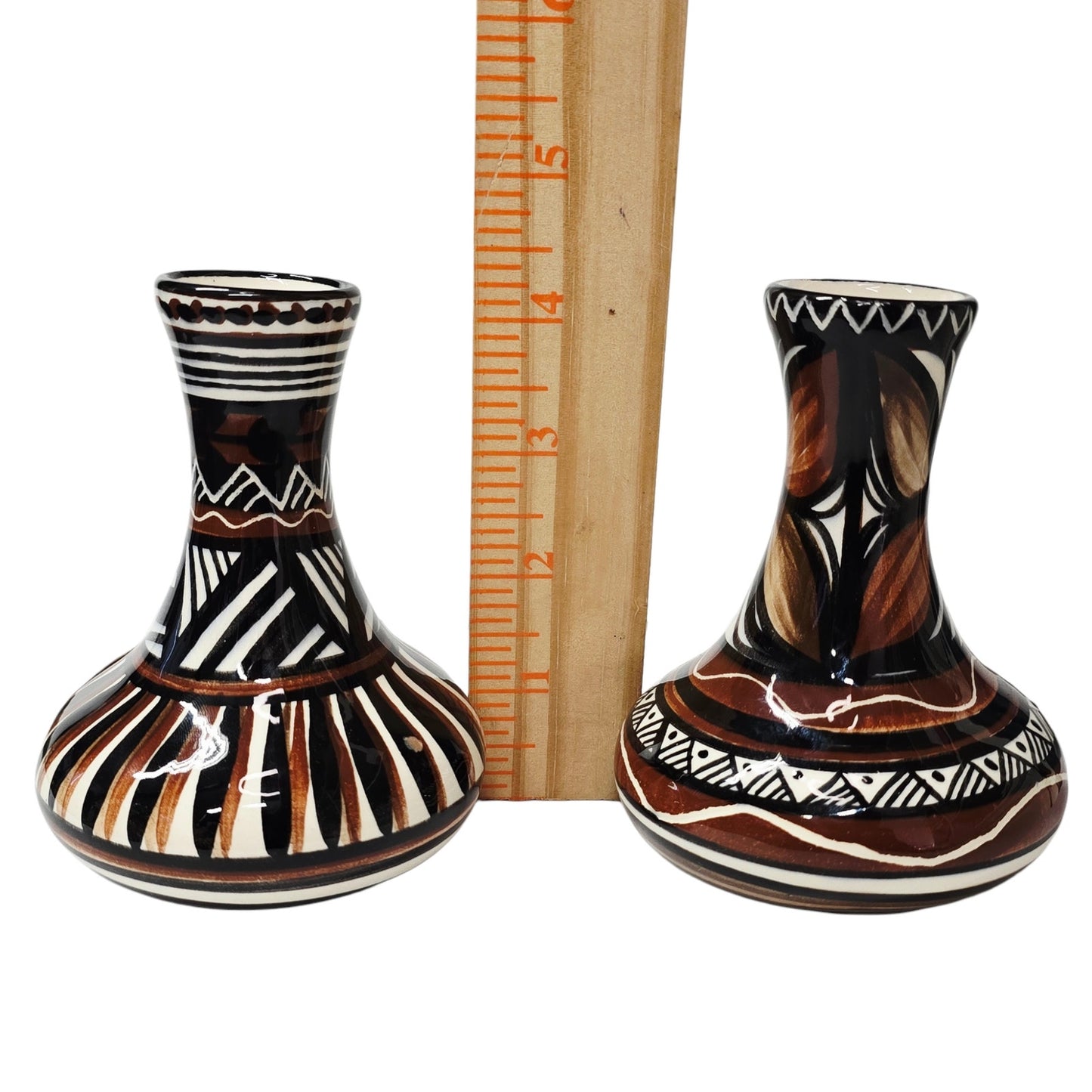 Pohaku Style Hawaiian Pottery Bud Vases Pair Hand Painted Tiki Polynesian