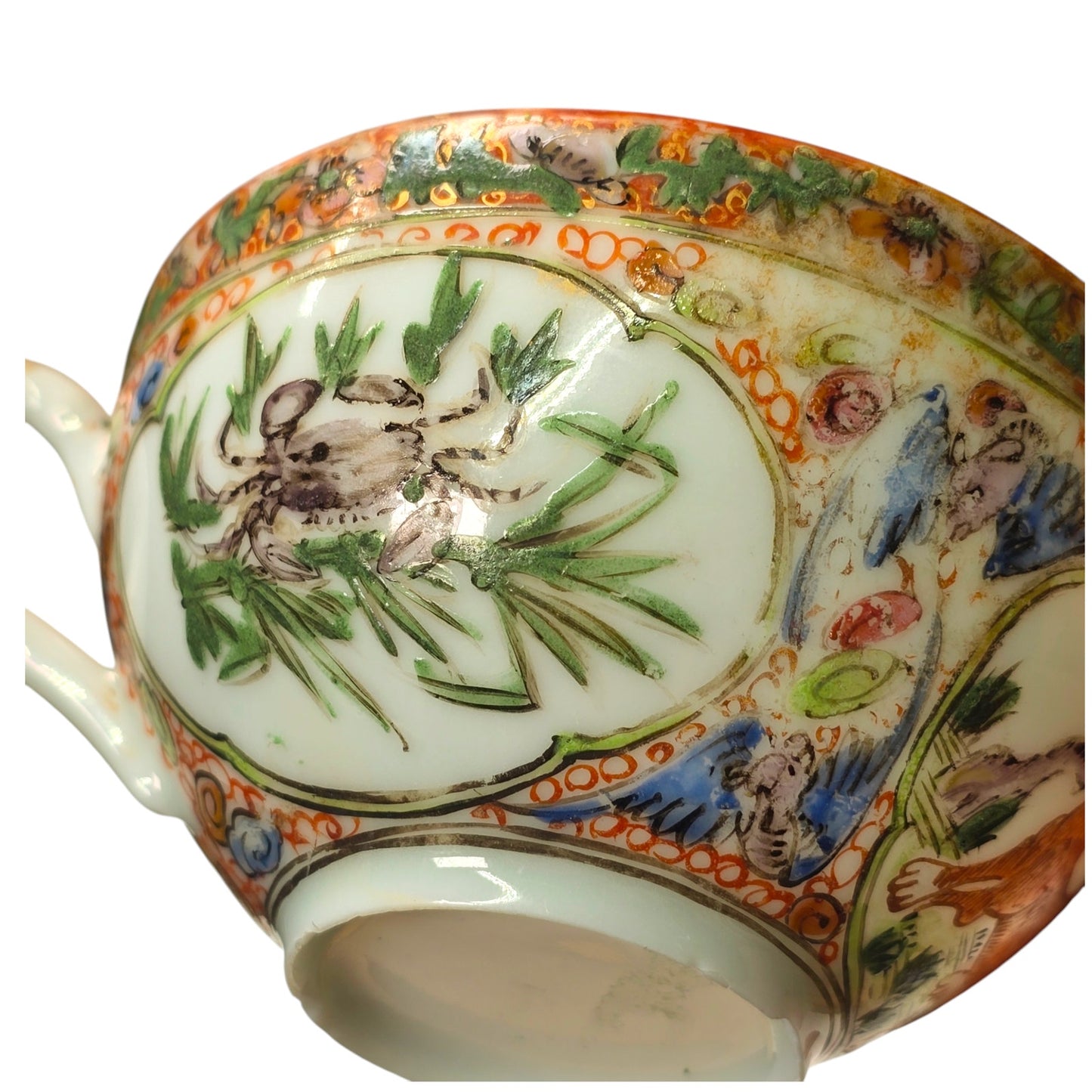 Antique Chinese Rose Medallion Porcelain Teacup with Vintage Japan Porcelainware Soup Spoon