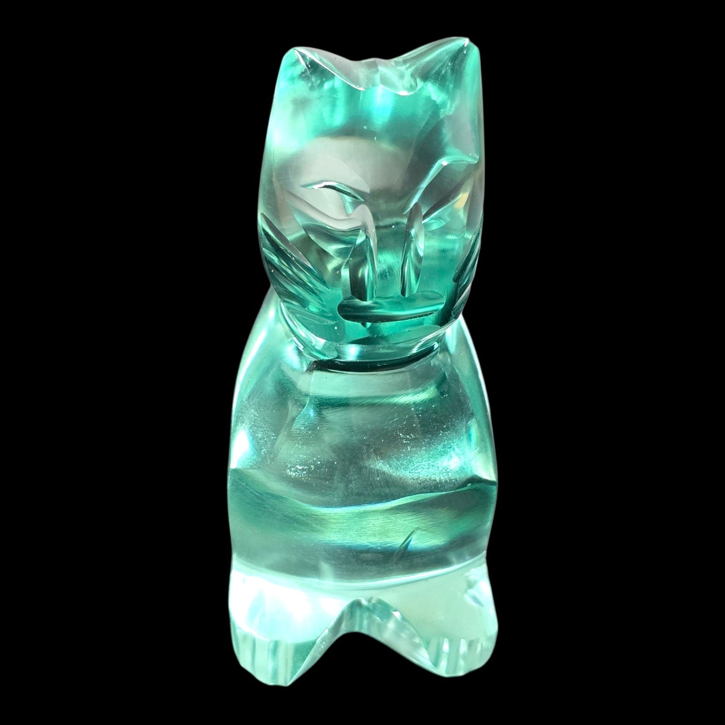 Art Glass Cat Figurine Teal Aqua Modernist Style Polished Finish 2.25"