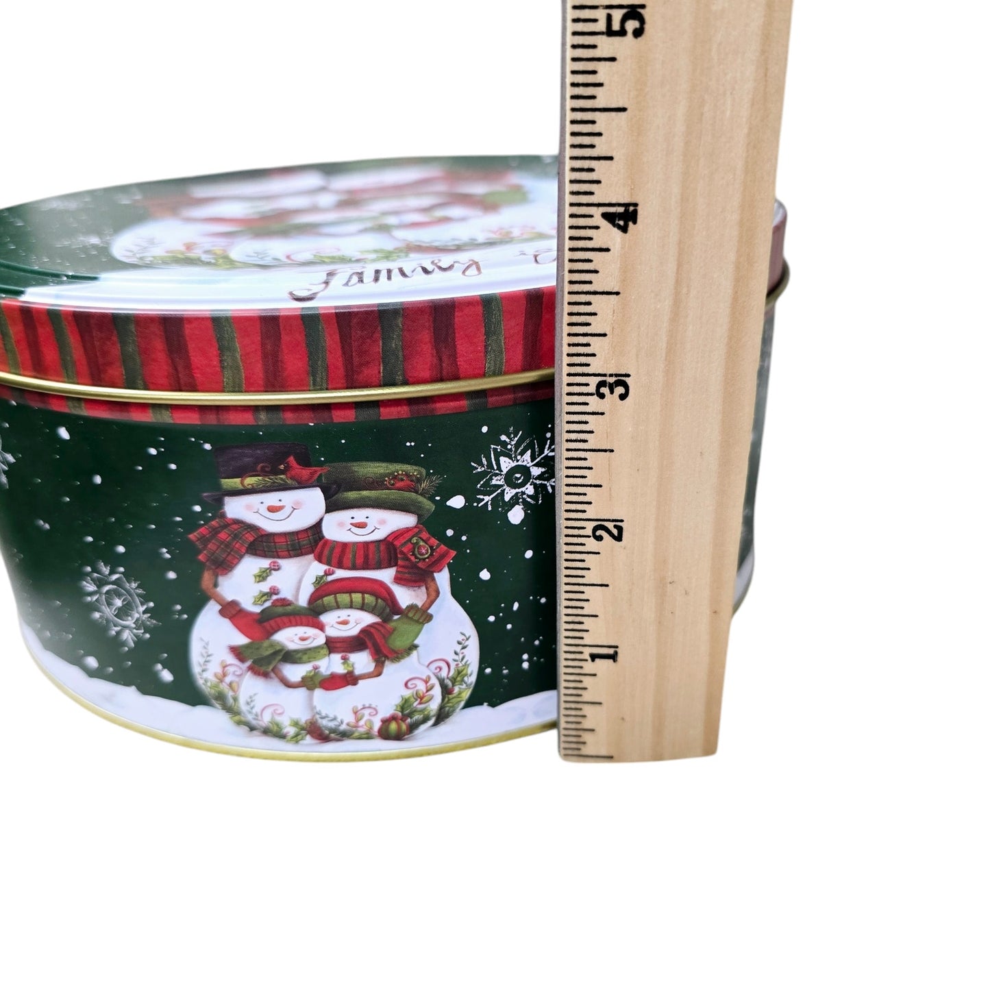 Set of 2 7" Holiday Christmas Tins Snowman Family is Love & Santa As Is Rim Dent