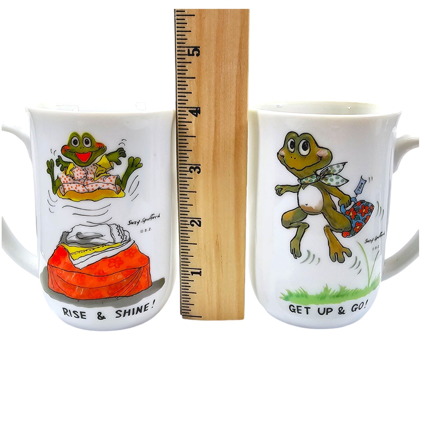 Set of 2 1976 Suzy's Zoo Frog Mugs by Enesco Coffee Mugs, Suzy Zoo Tea Mug Get Up and Go, Rise and Shine Frogs