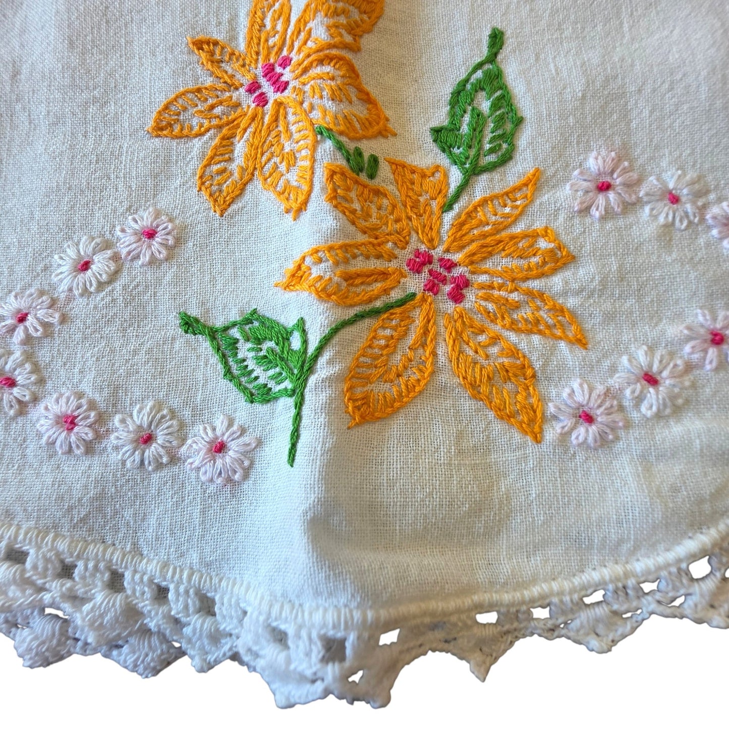 Vintage Embroidered Marigold Daisy Floral Pillowcase Crochet Lace