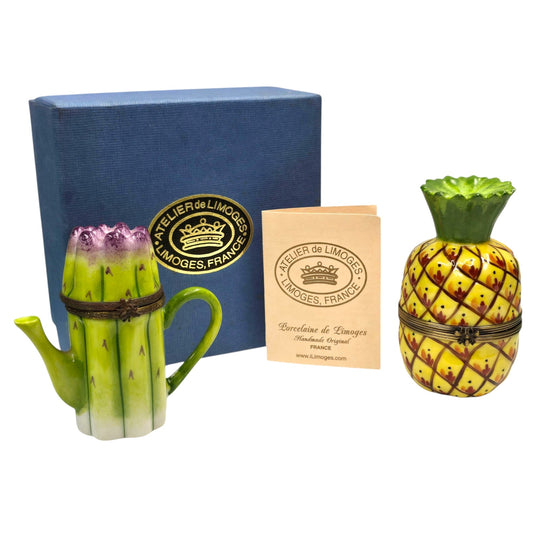 Limoges France Pineapple & Asparagus Trinket Box Set Atelier Box & Certificate