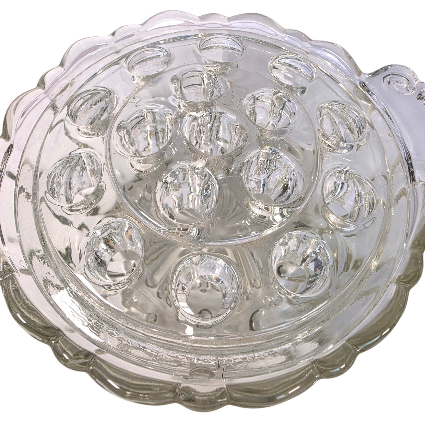 Vintage Clear Pressed Glass Flower Frog Bowl 16-Hole Handle Vase Set