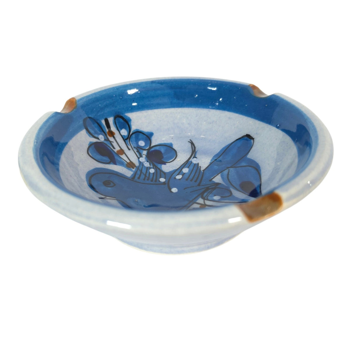 Vintage Tonala Mexico Art Pottery Blue Bird Trinket Dish Signed Folk Art