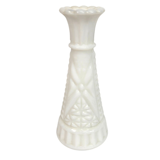 Vtg Westmoreland White Milk Glass Bud Vase Old Quilt, Block and Star, Star & Fan