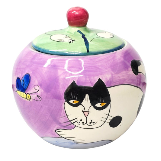 Vintage Kitsch Black Cat and Mouse Ceramic Canister - Purple Floral