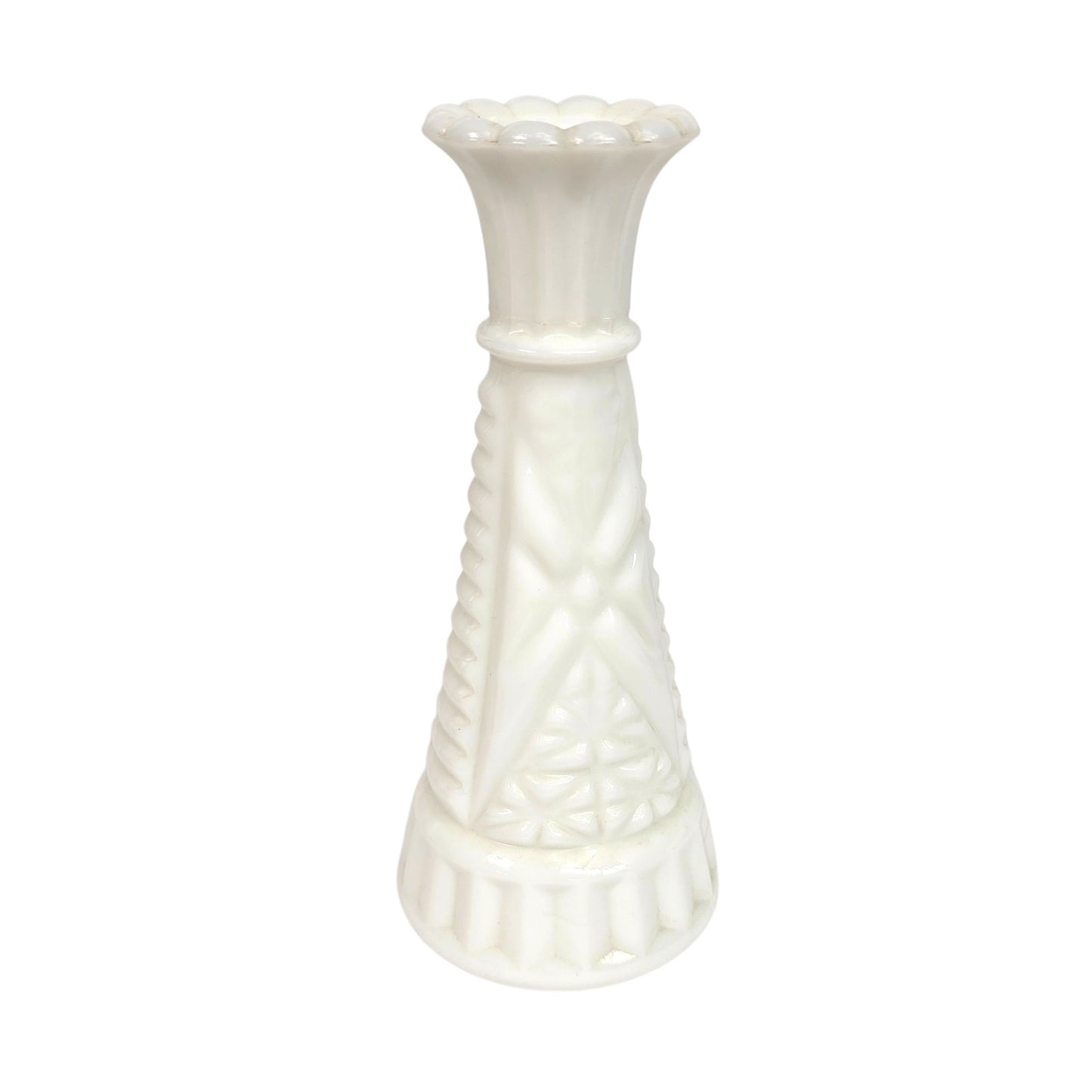 Vtg Westmoreland White Milk Glass Bud Vase Old Quilt, Block and Star, Star & Fan