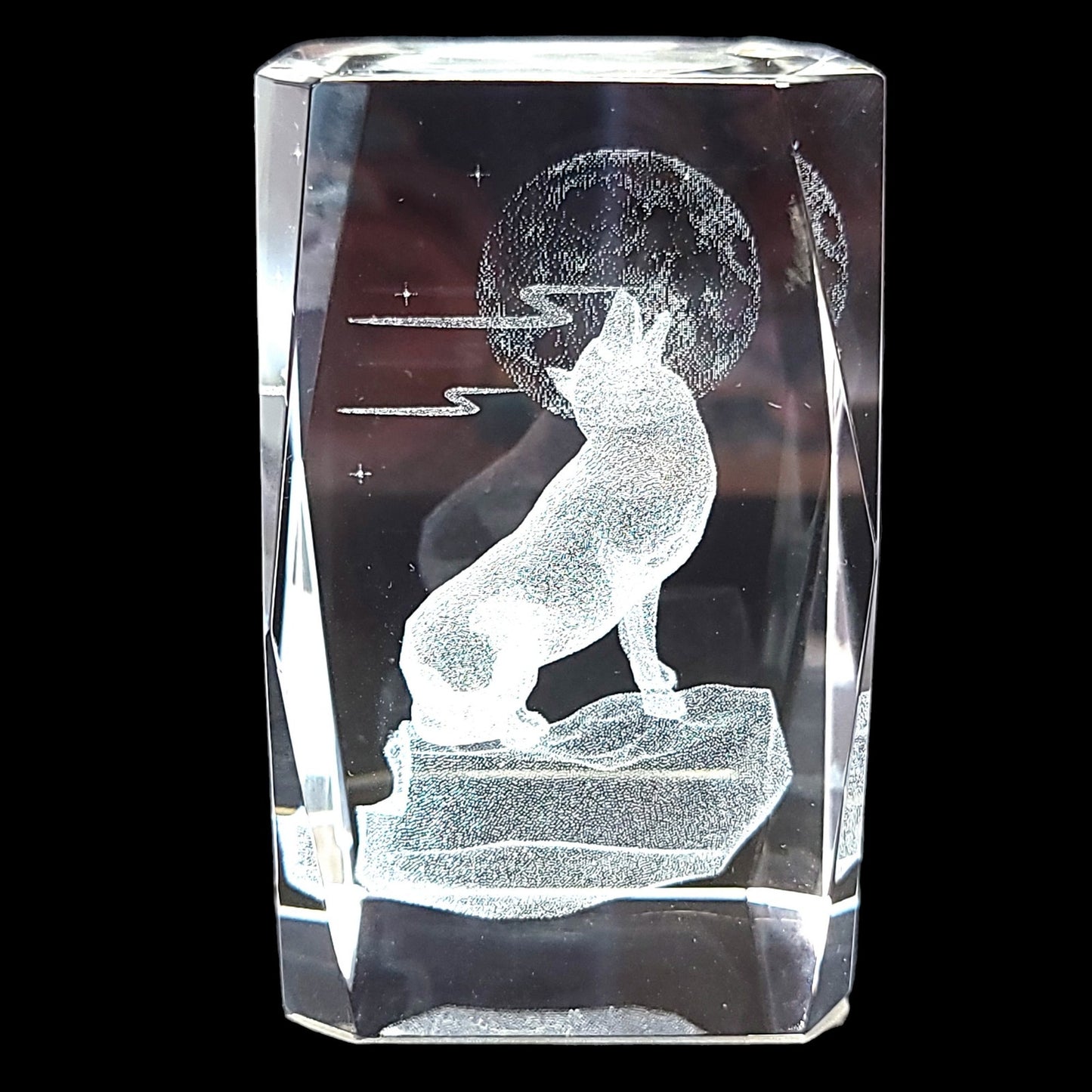 3D Laser Etched Wolf Howling at Moon Crystal Paperweight in Box 3 x 2 x 2" Original Box