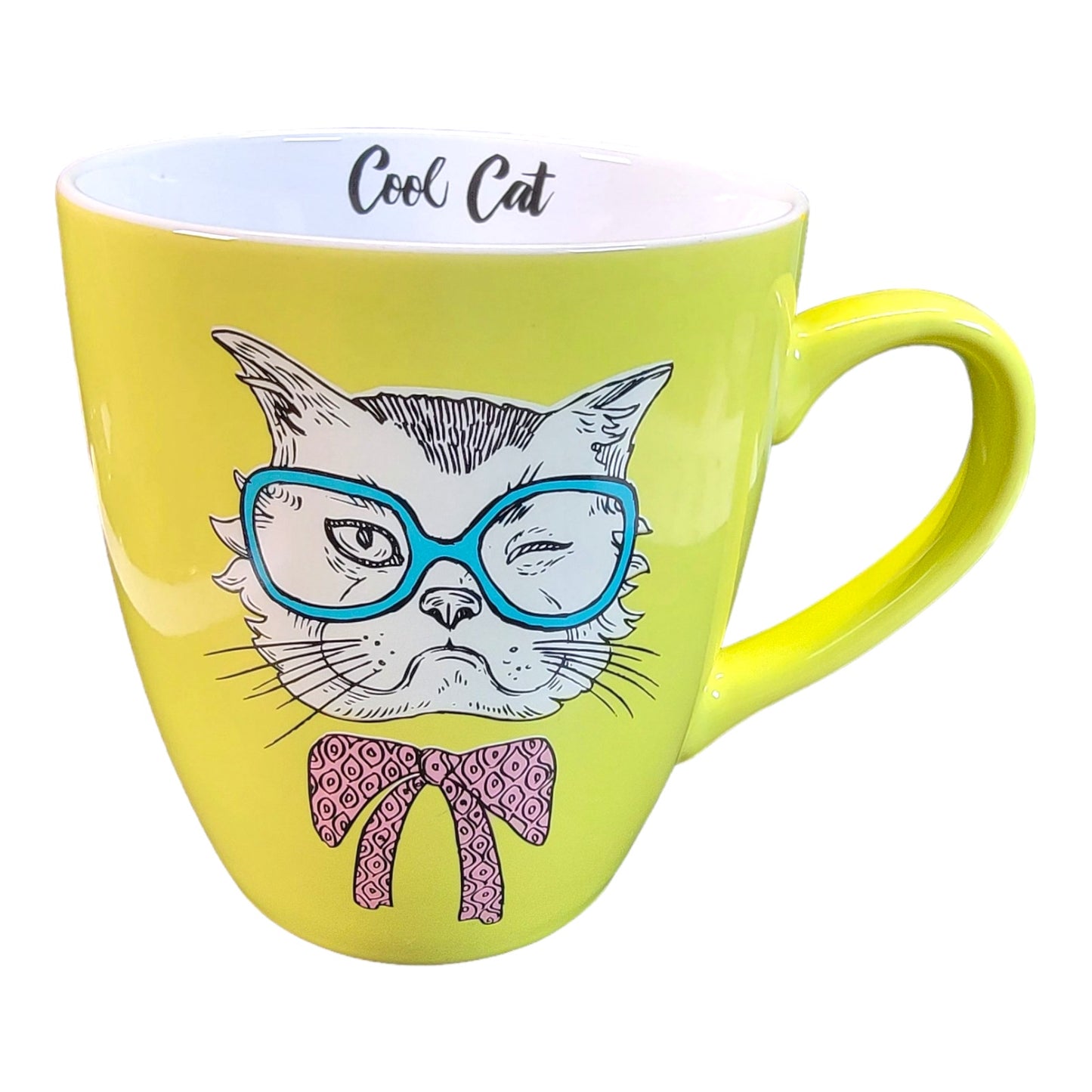 Clay Art "Cool Cat" Large Coffee Mug, Lime Yellow, Grumpy Cat in Glasses