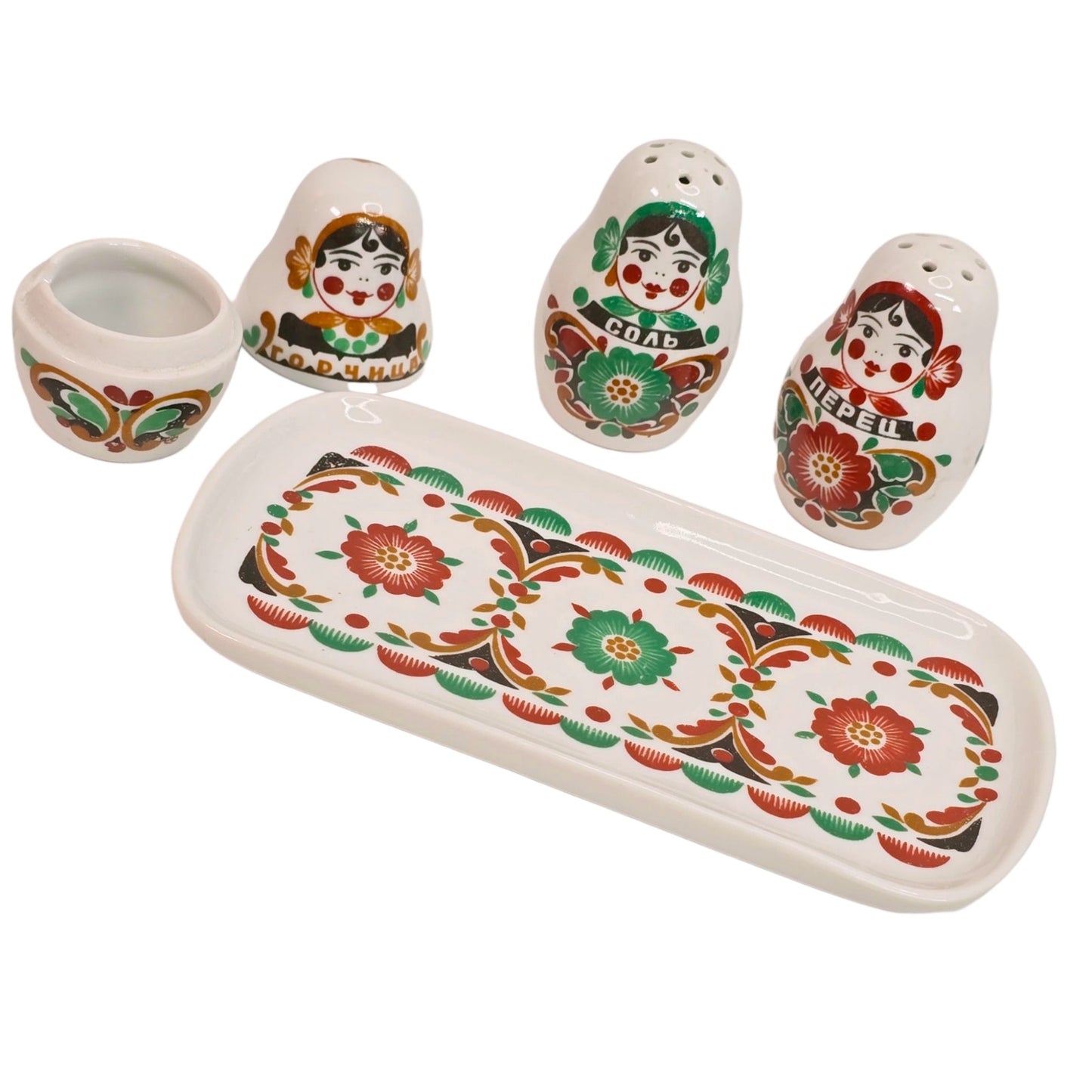 Gardner Verbilki Russian Porcelain Matryoshka Condiment Set Salt Pepper Mustard