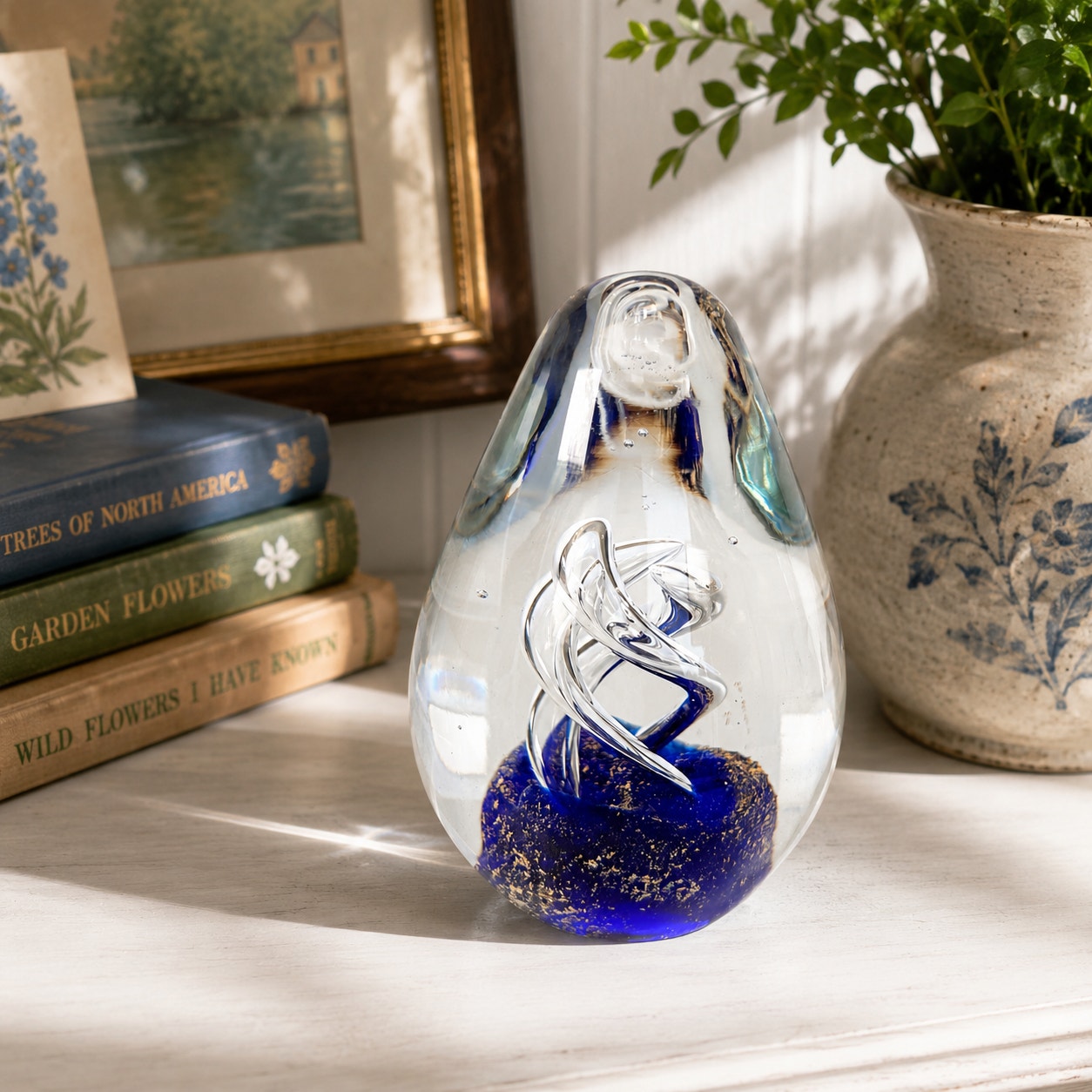 (Reserved for Customer) Vintage Art Glass Egg Paperweight Royal Blue Gold Fleck Aventurine Helix Swirl