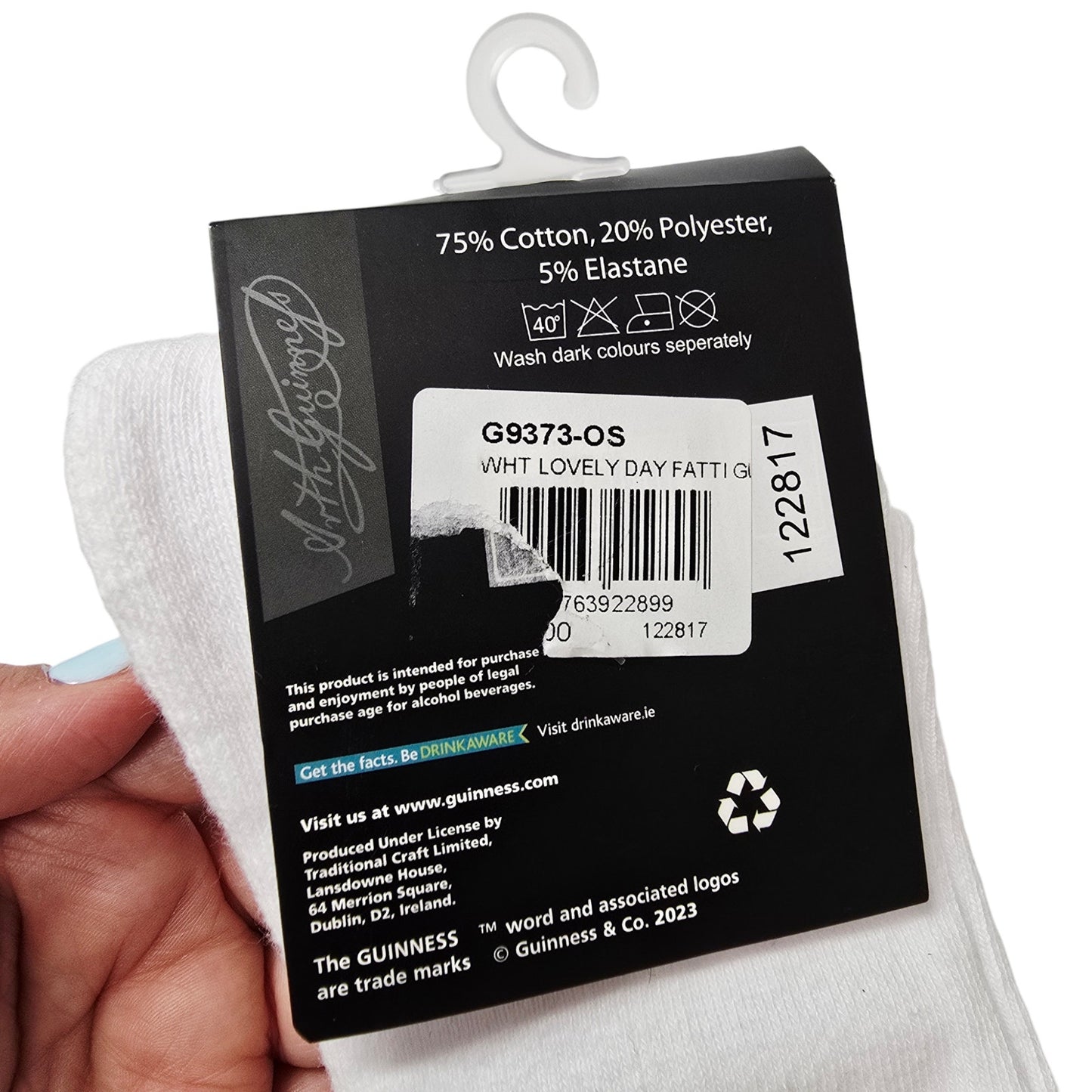 Guinness x Fatti Burke Socks New White Crew Socks Lovely Day For A Guinness NWT