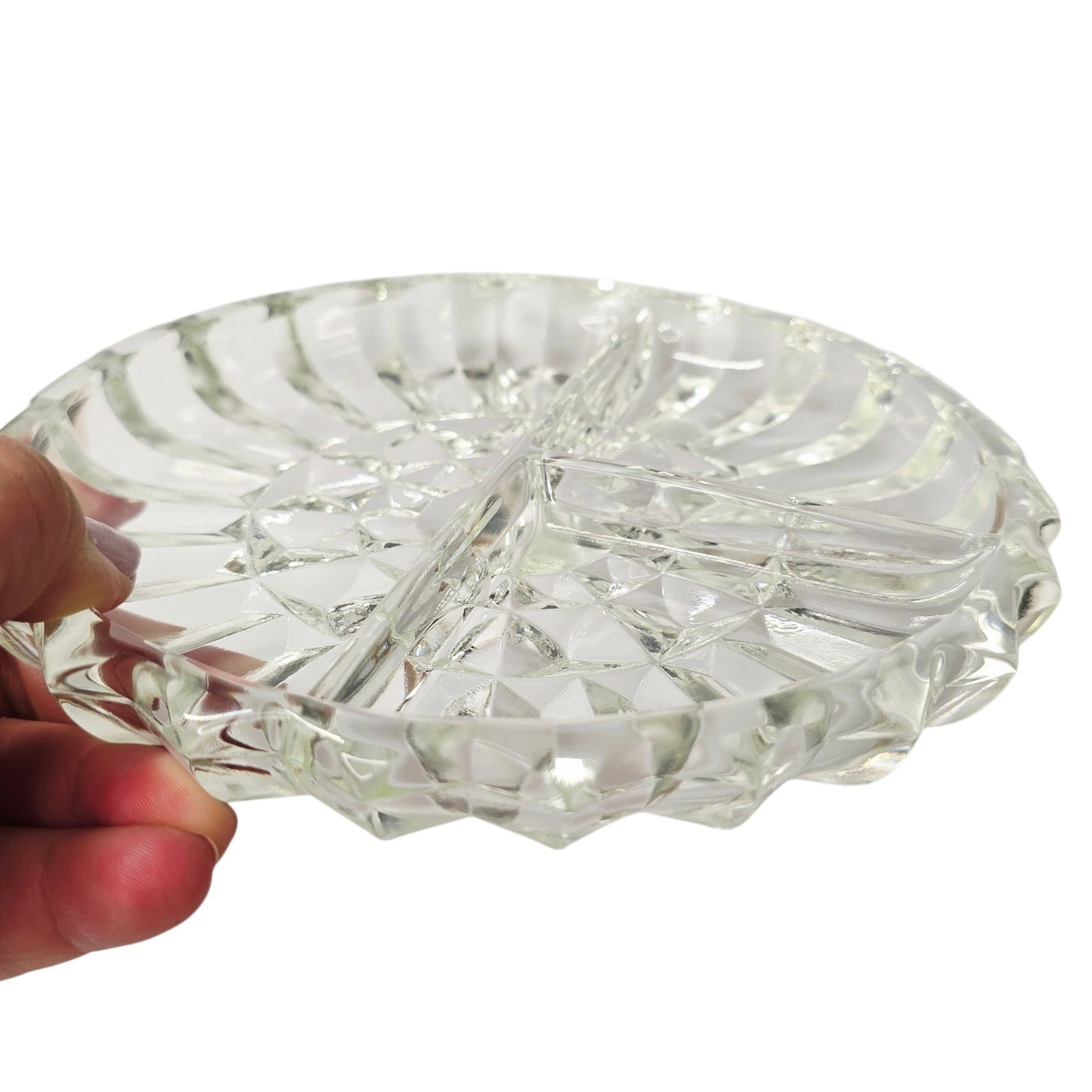 Vintage Pressed Glass Divided Relish Dish Clear Sunburst Pattern AS IS Read