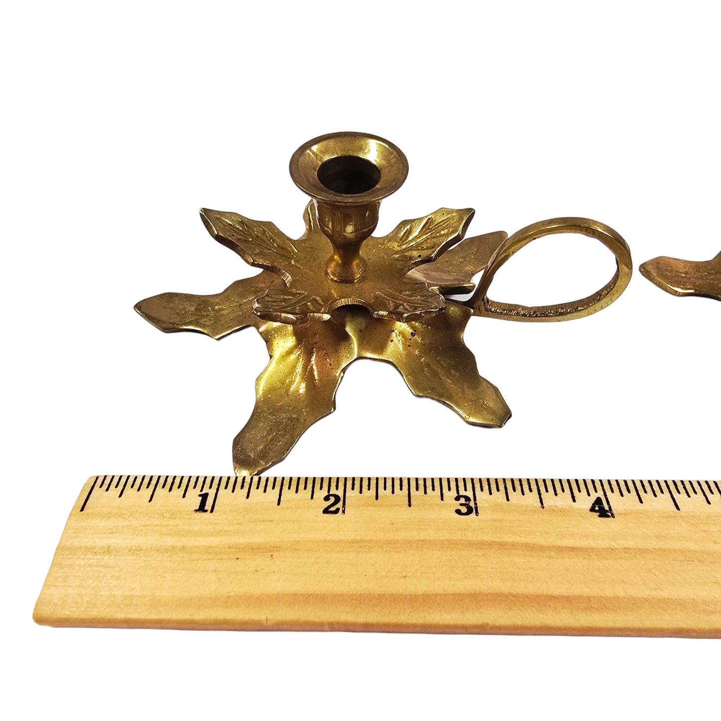 Vintage Solid Brass Leaves Candle Holders with Handle Loop Set of 2