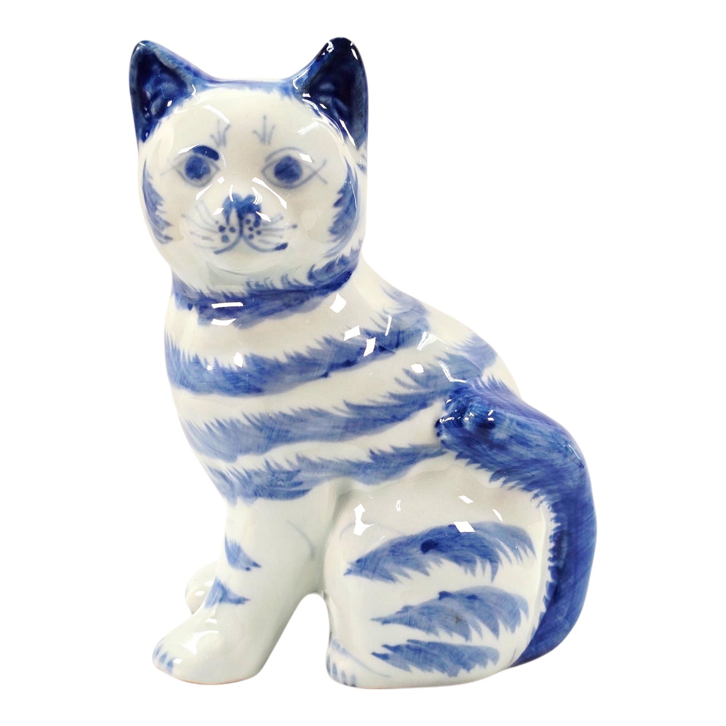 Vintage Porcelain Cat Figurine White with Blue Stripes