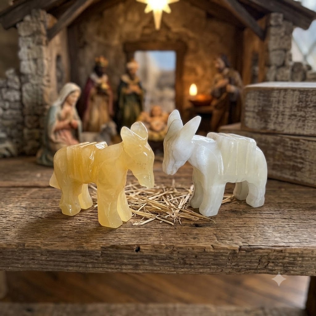 Vtg Carved Onyx Alabaster Donkey Figurines Pair UV Reactive Stone Nativity Piece